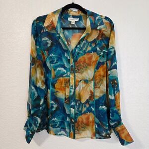 Coldwater Creek Abstract Floral Sheer Long Sleeve Button Up Blouse Silk Size L